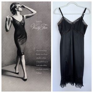 Vintage 1960's Vanity Fair Women's Nylon Lace Lingerie Slip in Black Size 34 (S)